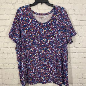 Woman Within Womens Shirt 2X 26/28 Blue Floral Print Short Sleeve Round Neck